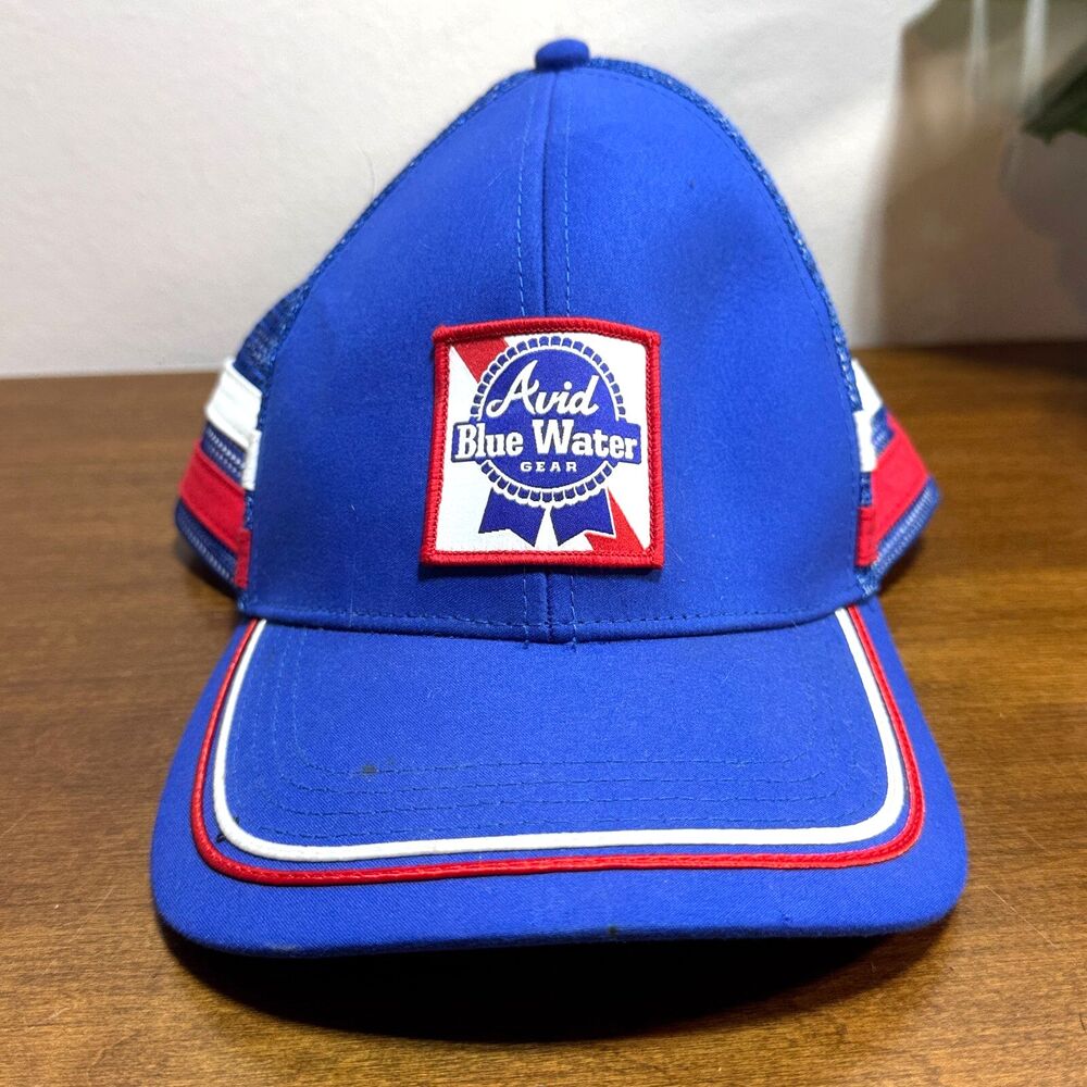 Avid Hat Cap Snap Back Blue Trucker Mesh Fishing Hook Blue Water Two Stripe